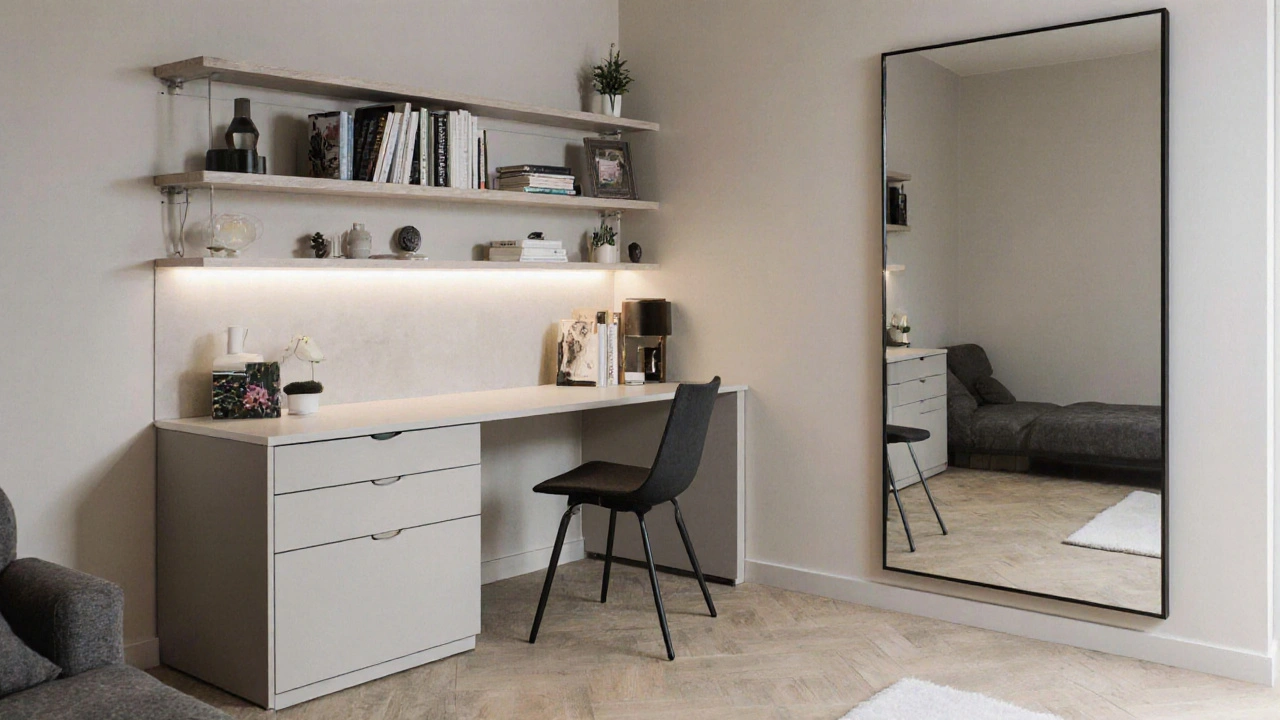 Úhlové pracovní místo s integrovanými regály a LED podsvícením v malém bytě