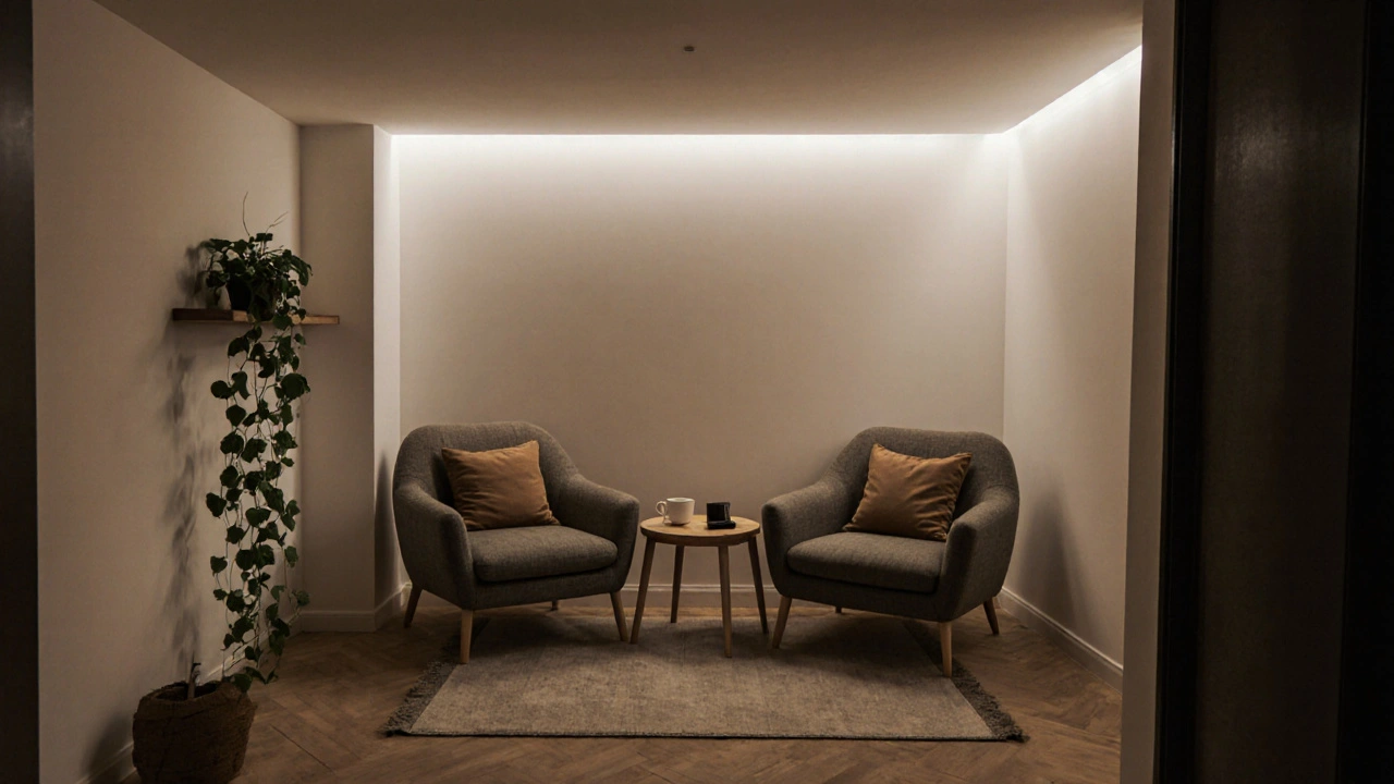 Uklidňující odpočinkový kout s dvěma křesly, malým stolkem a rostlinou