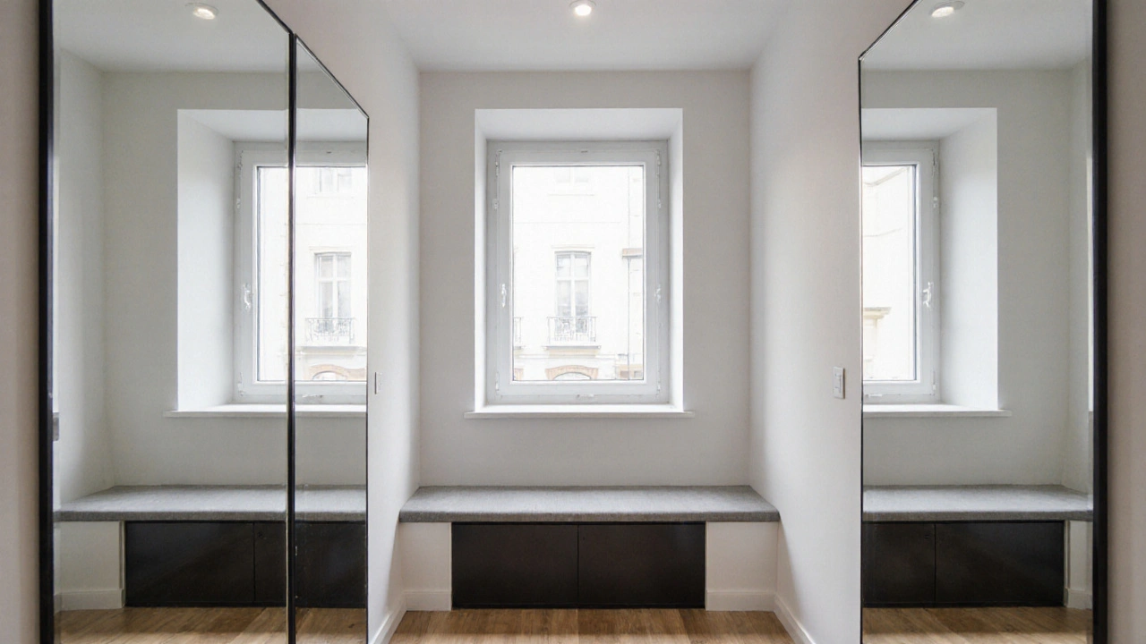 Úzká chodba s odrážející stěnou a nezakrytým oknem, která vytváří iluzi hloubky a světla.