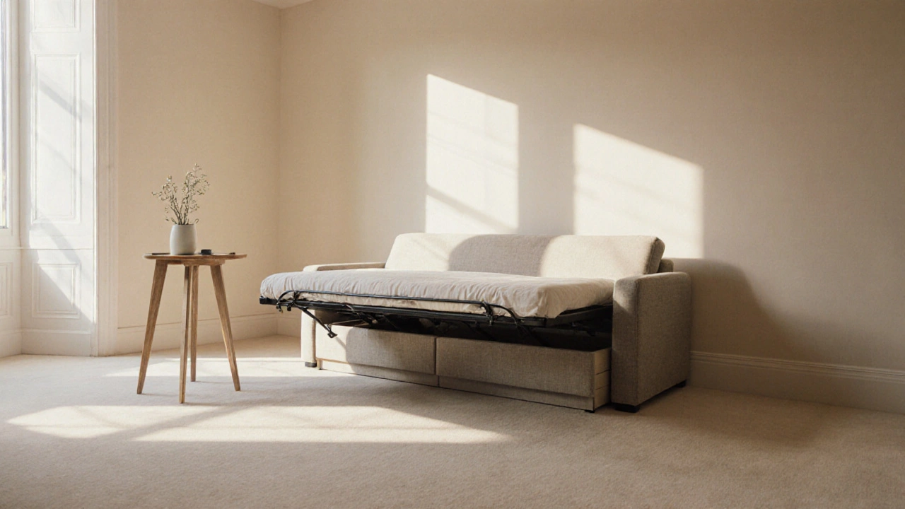 Víceúčelový nábytek v teplé, jemné barvě: pohovka s uložením, vysoký stůl a rozptýlené osvětlení bez chaosu.