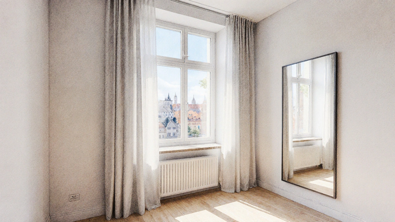 Vodová kresba malého bytu s oknem, jehož výhled je opticky rozšířen bílými stěnami a velkým zrcadlem odrazujícím nebe.