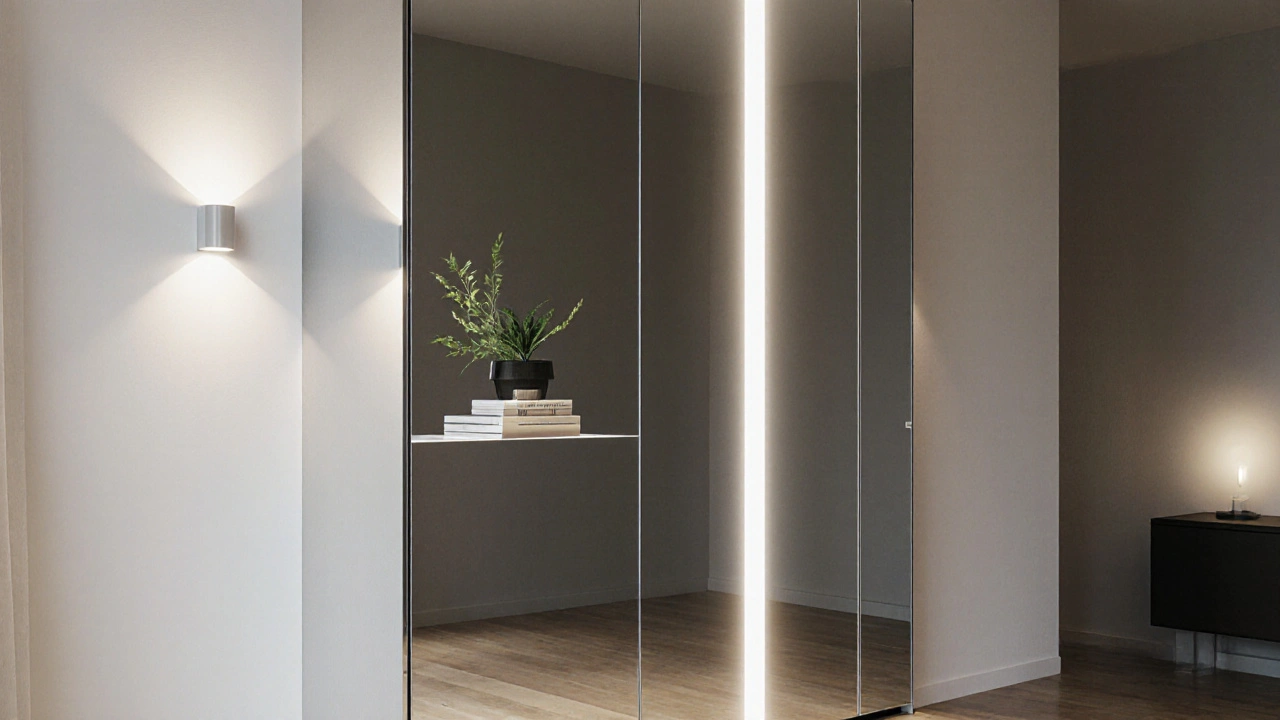 Vysoká šatní skříň až ke stropu s zrcadlovými dveřmi, která vypadá jako součást stěny, osvětlená vnitřními LED.