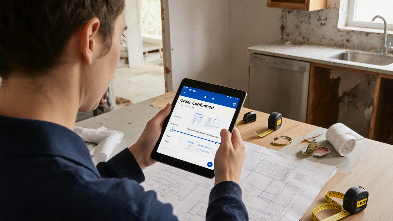 Zákazník používá aplikaci IKEA Home Planner v prázdné kuchyni s náčrty a měřicími nástroji.