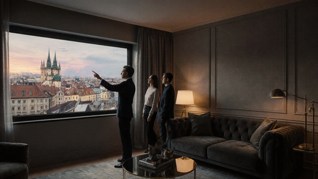 Zkušený designér ukazuje klientům 3D návrh luxusního bytu s moderním interiérem a městským výhledem.