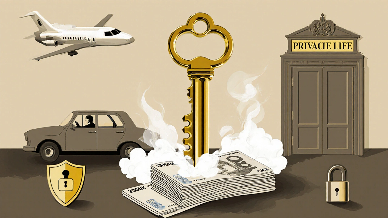 Zlatý klíč a bankovky symbolizující plat prezidenta s výhodami funkce.