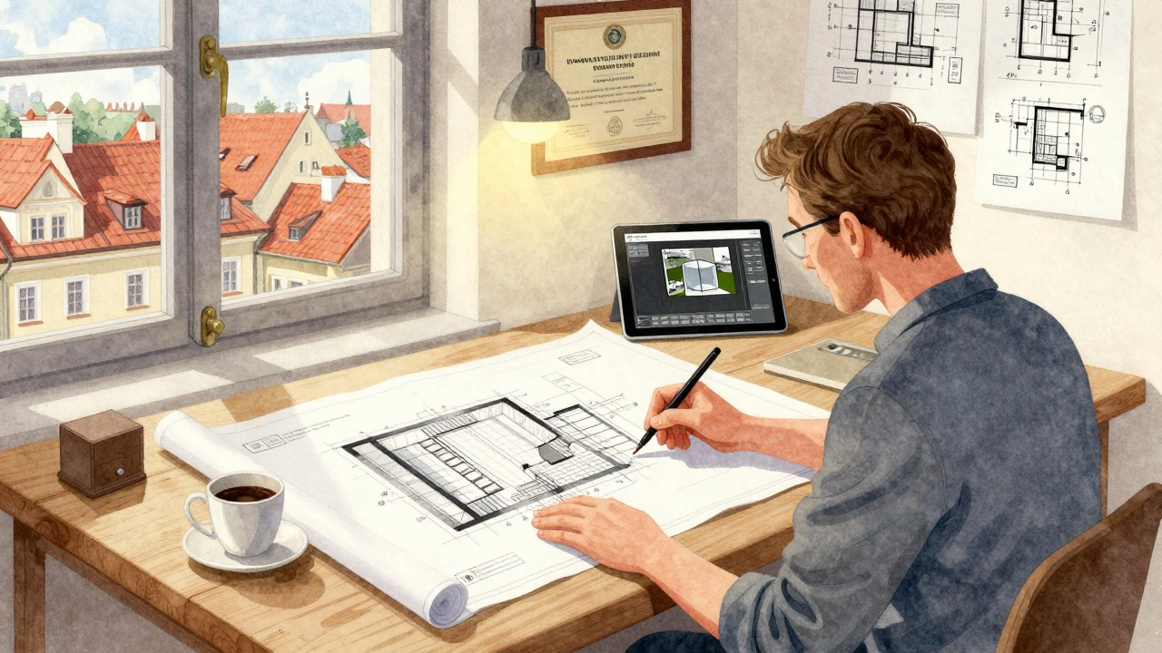 Český architekt v Olomouci přehlíží plány přestavby koupelny s klientem.