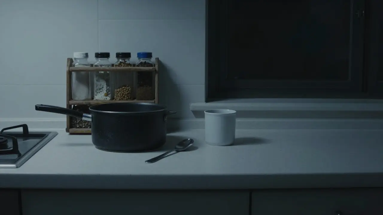 Čistá, ale nepoužívaná kuchyně s jediným hrncem a lžící, znak vyčerpání a zanedbání.