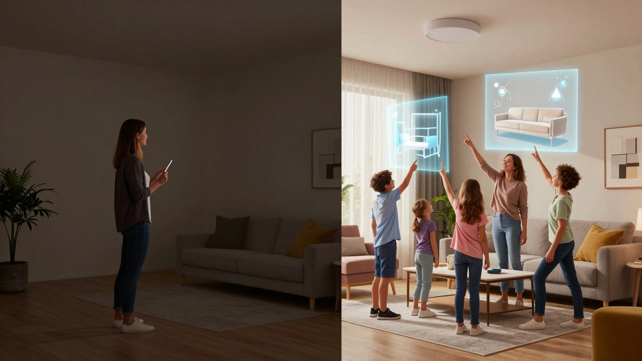 Designer showing 3D virtual home design to a family with holographic projections.