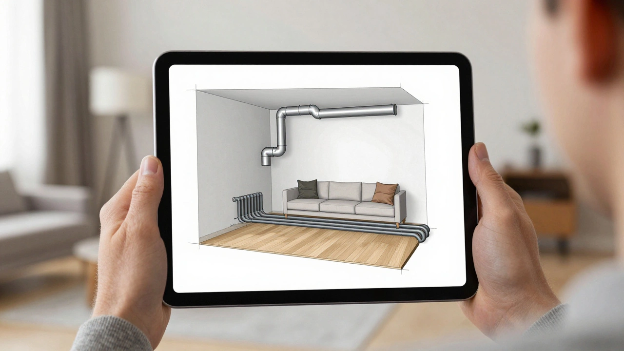 Digitální pohled na vrstvy bytu: stěny, větrání a topné kabely v přehledném řezu.