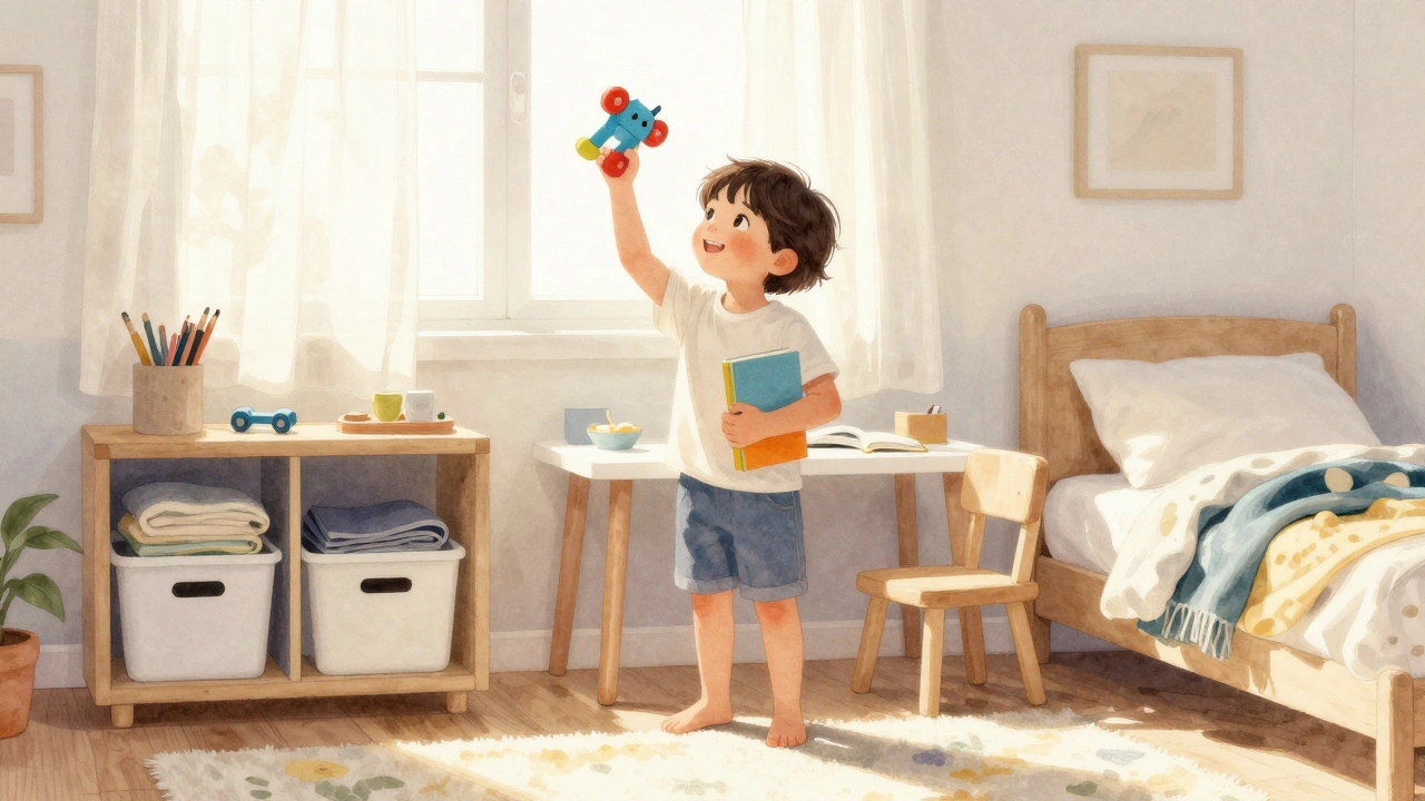 Dítě stojí ve svém pokoji s hračkou a knihou, slunce svítí skrz záclony.