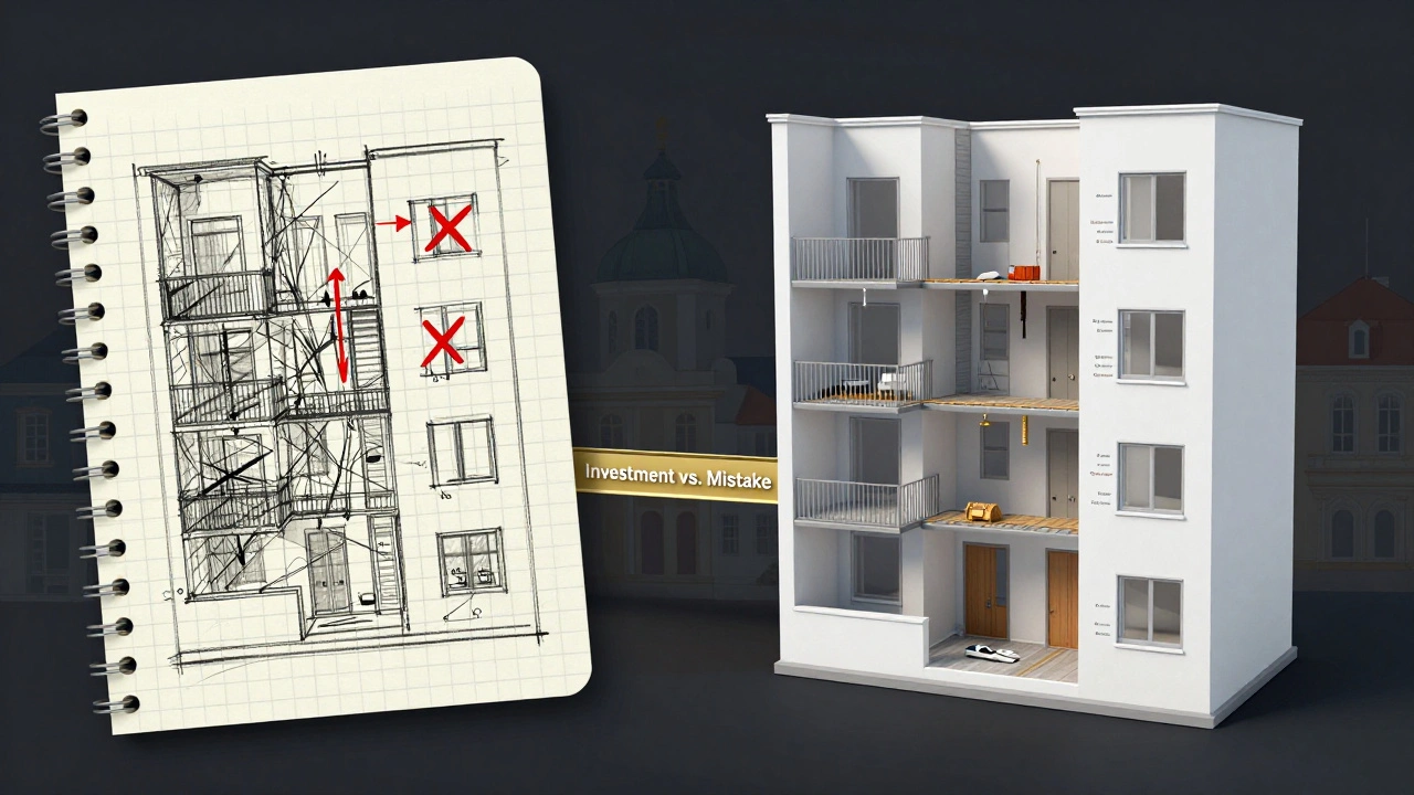 Dvě verze projektu na chatu: špatný náčrt vs. profesionální 3D návrh s technickými výpočty.