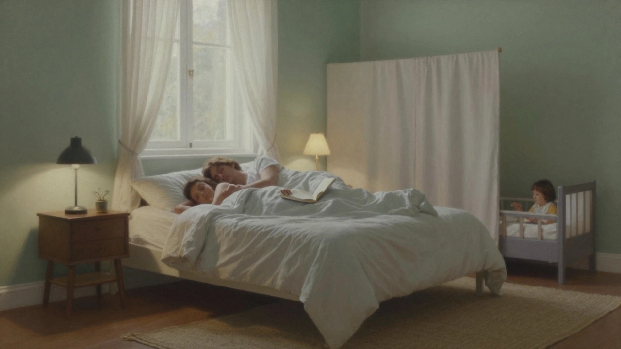 Dvojice spící s dítětem v koutě, odděleným závěsem, s dvěma nočními lampami.