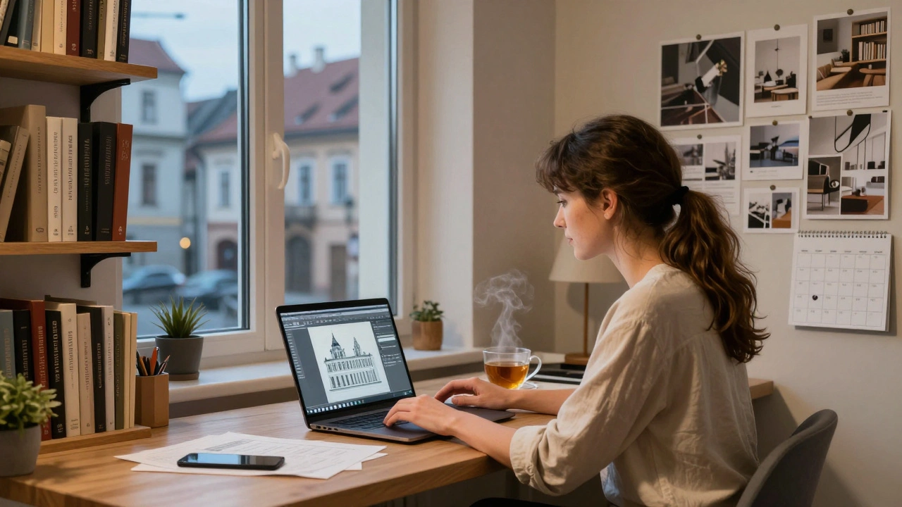 Female designer working peacefully from home office in Olomouc with mood boards.