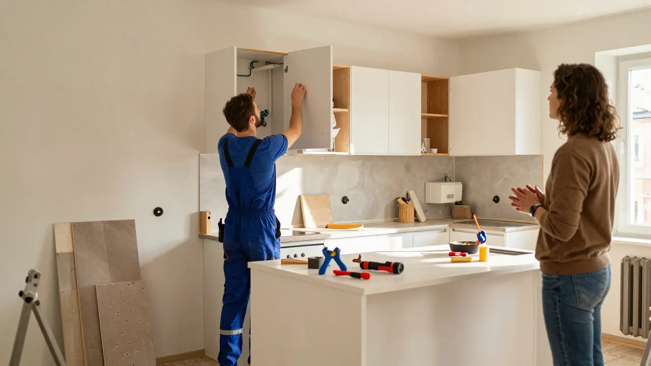 Instalace kuchyně na míru v bytě v Praze, technici montují skříně a připojují potrubí, stará kuchyň je částečně odstraněna.