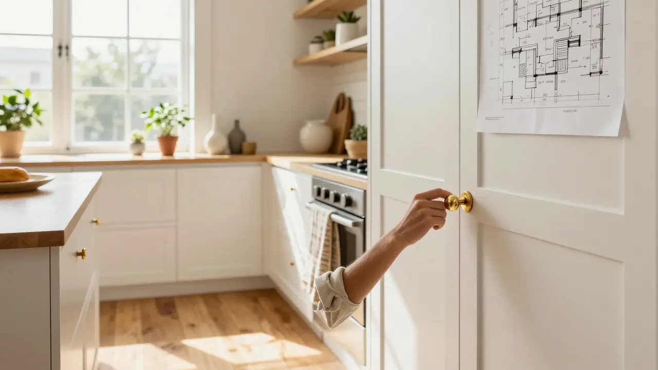 Interiérový designér instaluje zlatou rukojeť na kuchyňskou skříň s přírodním světlem.