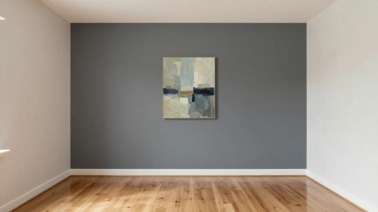 Jedna akcentová stěna v jemné šedé, ostatní stěny světle krémové, bez přetížení.