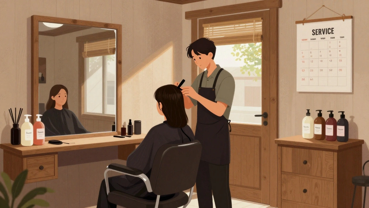 Kadeřnice pracující v malém městě s přirozeným osvětlením a vlastními výrobky na pultu.