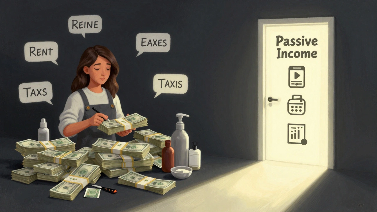 Konceptuální obrázek financí kadeřnice: příjmy, náklady a pasivní příjem jako cesta ke svobodě.