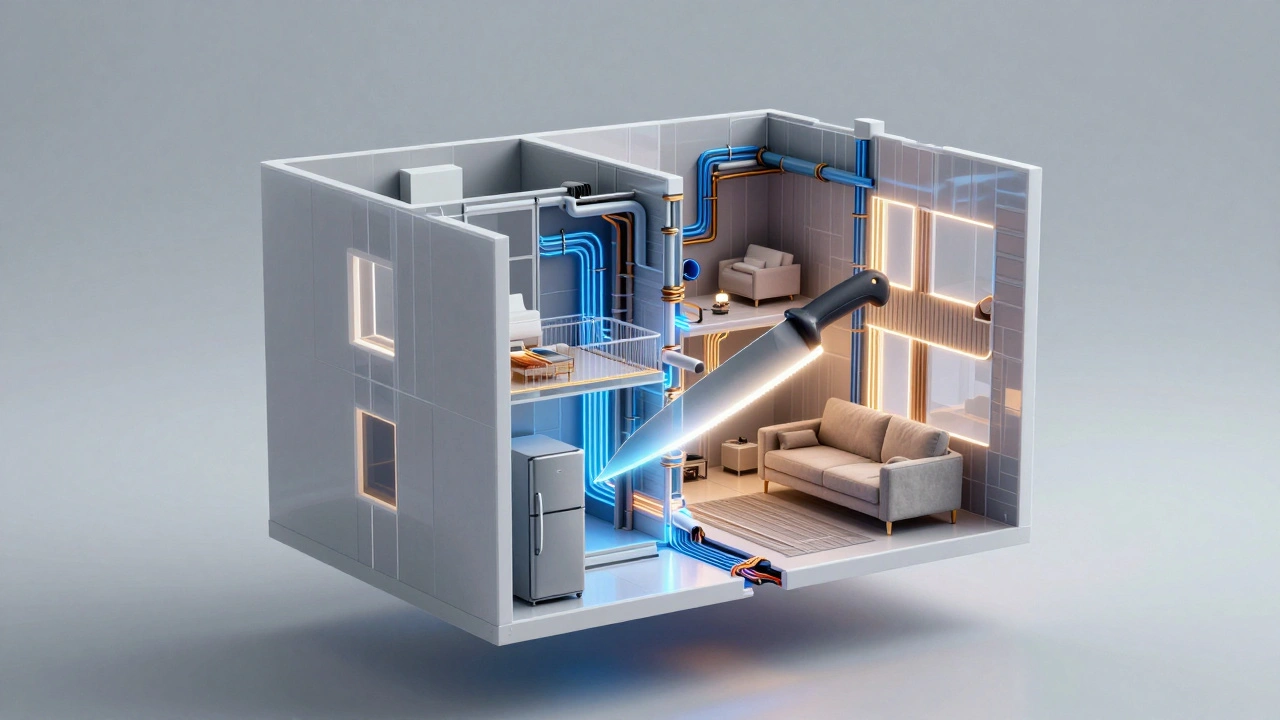 Konceptuální vizualizace řezu bytem s viditelnými technickými prvky v zářivých čarách.