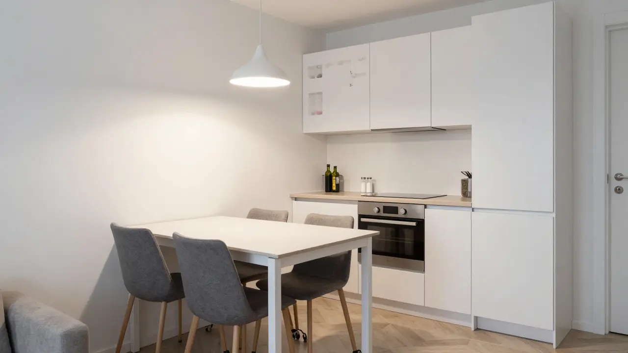 Kuchyně s integrovanými spotřebiči a skrytým vysouvacím stolem pro čtyři osoby.