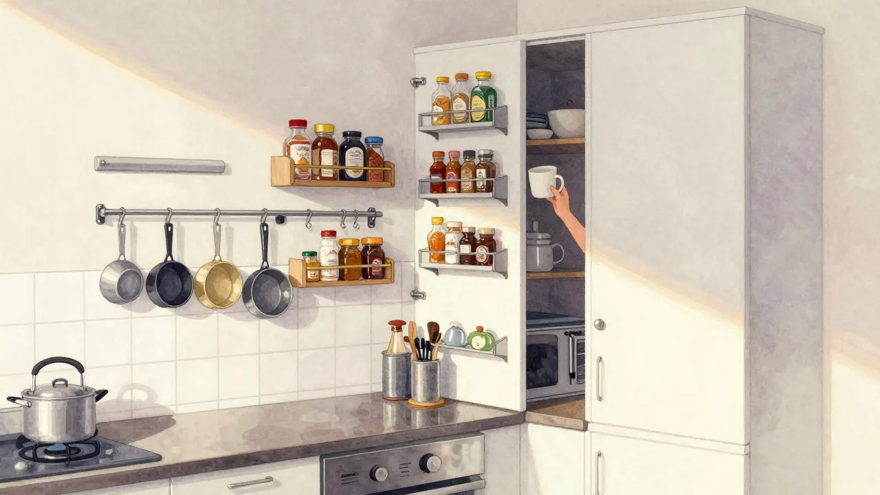 Kuchyně v malém bytě s výškovým využitím prostoru: magnetické lišty, závěsné pokličky a úzké skříně.