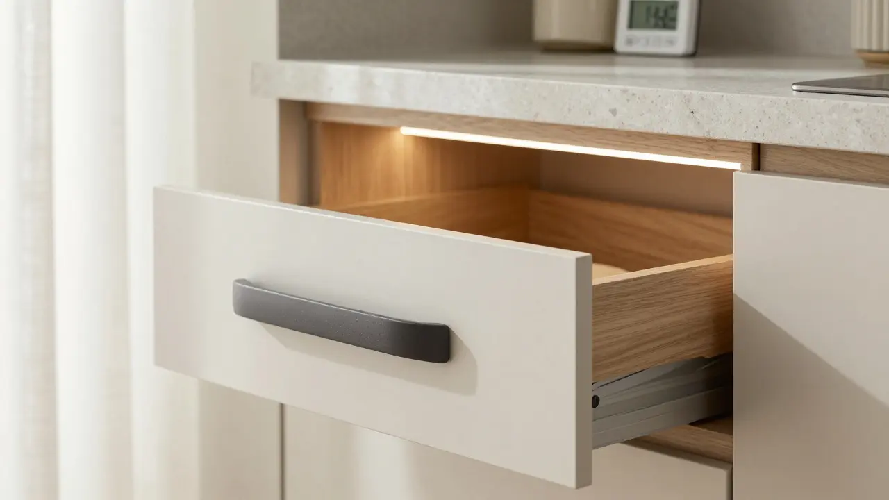 Kuchyňská šuplíková lišta s protiskluzovou rukojetí a podsvícením, termostat na očekávané výšce.