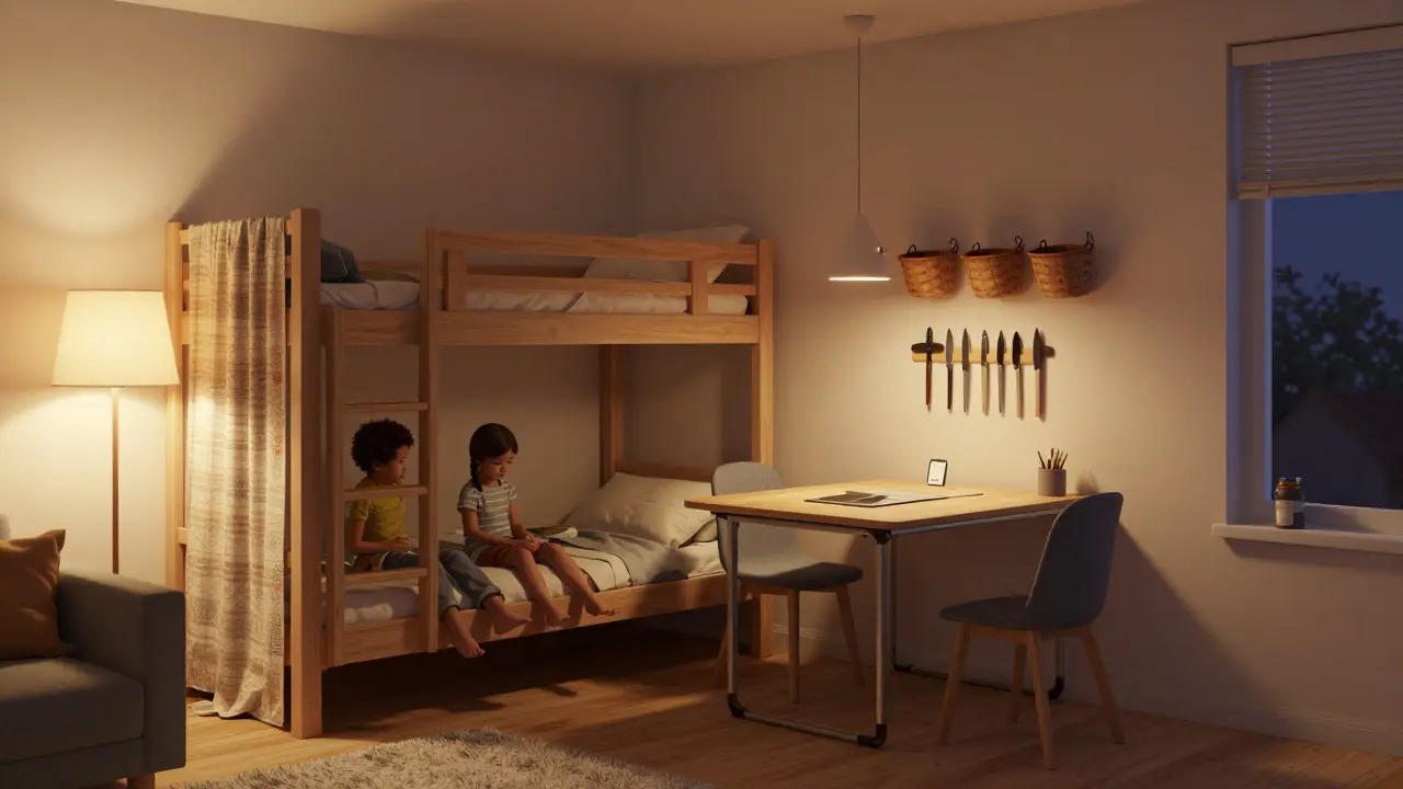 Malý byt o 50 m² s dětským lůžkem na dvě postele v obýváku, přehazovací stůl a závěsné regály.