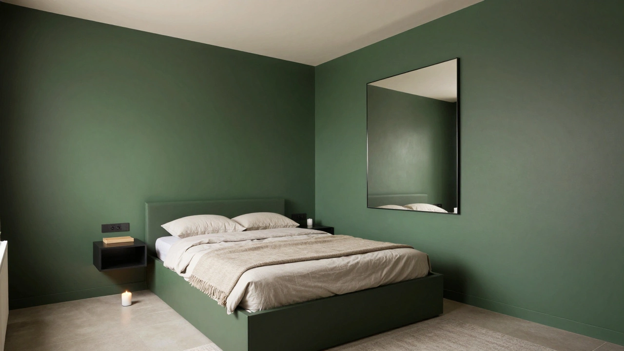 Malý pokoj s postelí pod kterou je skříň, tenkými nočními stolky a velkým zrcadlem, vše v přírodních odstínech bez nepotřebných věcí.