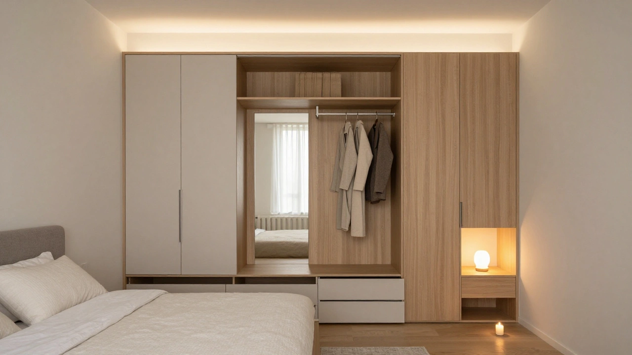 Malý pokoj s výsuvnými šuplíky pod postelí, regály na stěně a zrcadlem na šatníku.