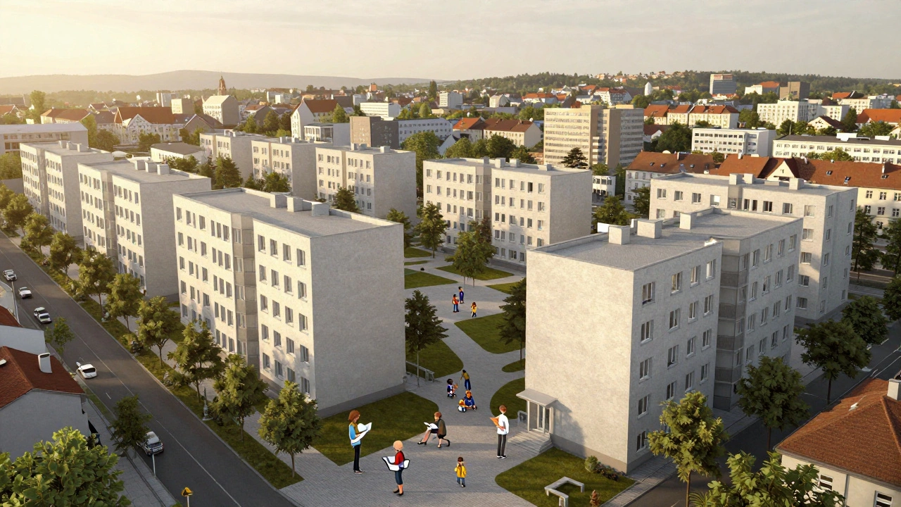 Město Zlín jako architektonické muzeum: modernistické budovy, stromy a lidé v prostředí plném historického významu.