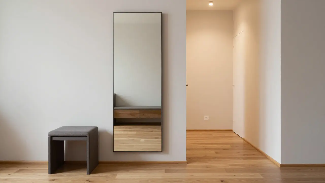 Minimální obývací prostor s vícefunkčním nábytkem, volným chodníkem a bez koberec, zdůrazňující pohodlí a organizaci.