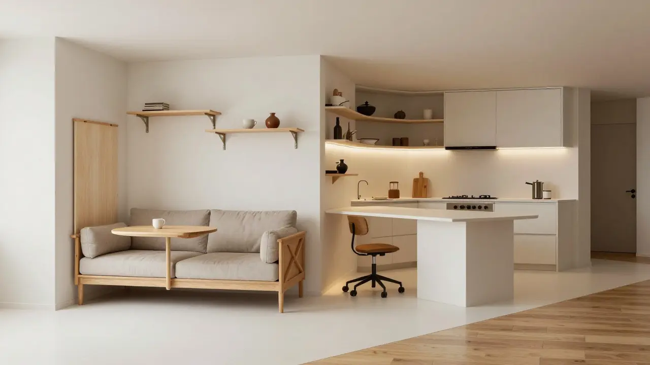 Multifunkční nábytek, skryté ukládání a čistý design v malém obývacím pokoji s kuchyní.