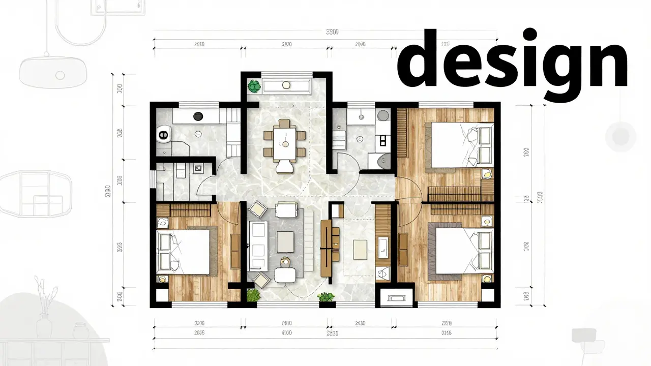 Návrh bytu s plánem prostoru, materiály a cesty pohybu, slovo 'design' v rohu.
