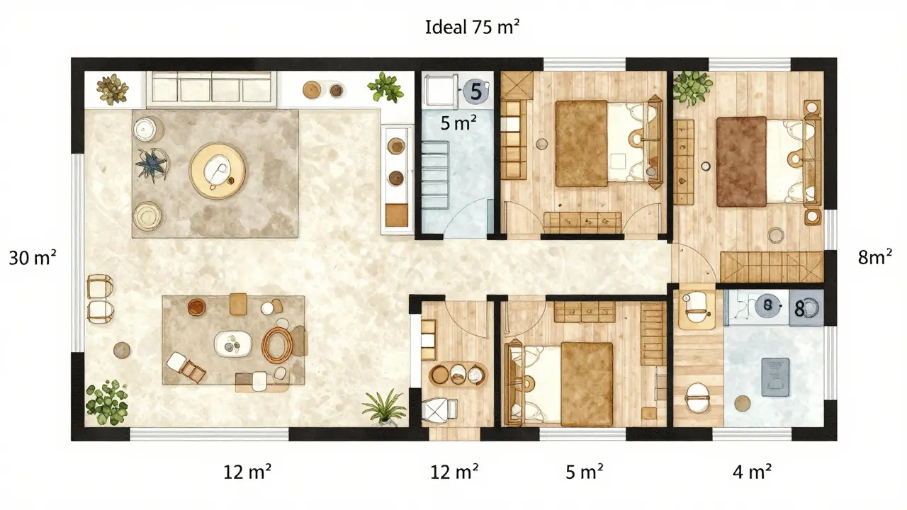 Návrh ideálního 75 m² bytu pro rodinu s označenými funkcemi prostorů a minimalistickým nábytkem.