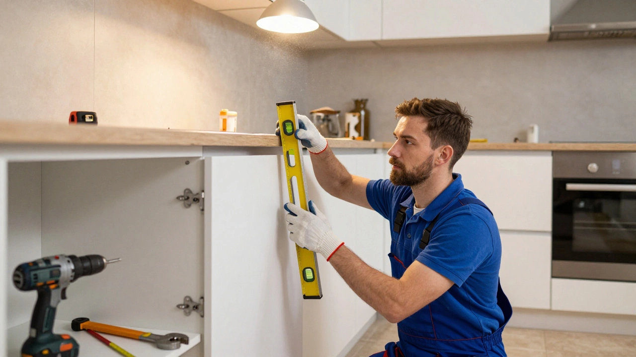 Odborník instaluje kuchyňskou linku, nástroje a stará kuchyně na pozadí.