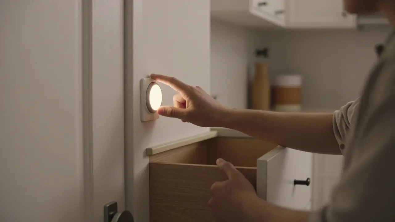 Osoba bez námahy zapíná světlo a otevírá šuplík v bytě, všechno funguje přirozeně.