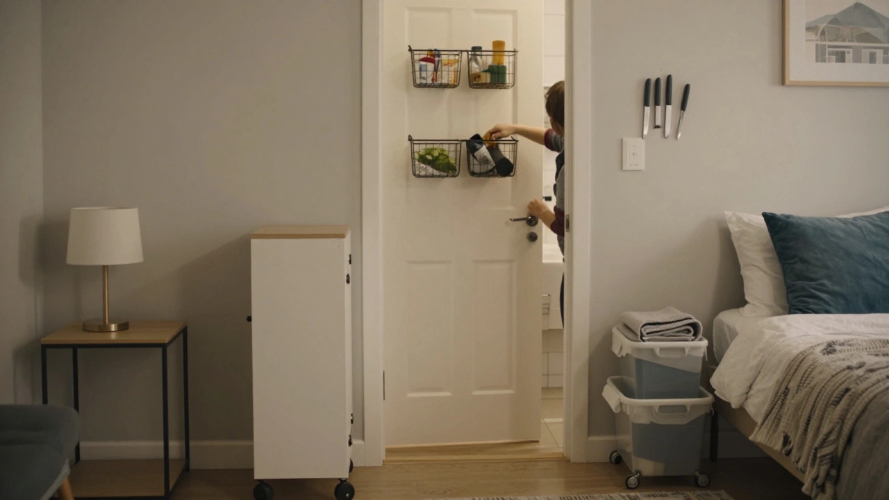 Osoba organizuje malý byt s chytrými řešeními: kola na skříni, visací koše za dveřmi a krabice pod postelí.