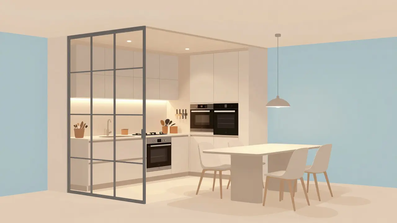 Otevřený prostor s skleněným panelem a výsuvným stolem, světlé barvy a příjemné osvětlení.