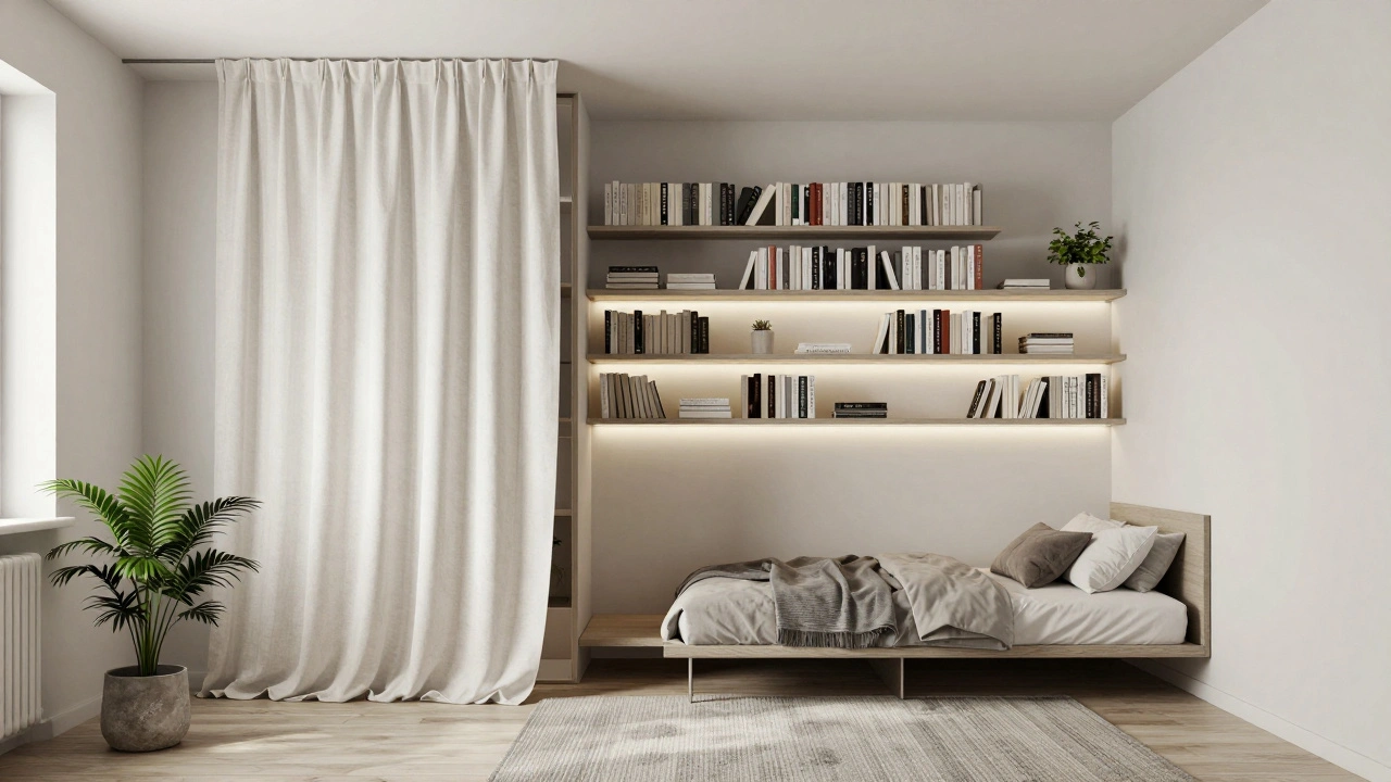 Otevřený regál odděluje obývací a ložniční zónu, lehký závěs zavřený na noc.