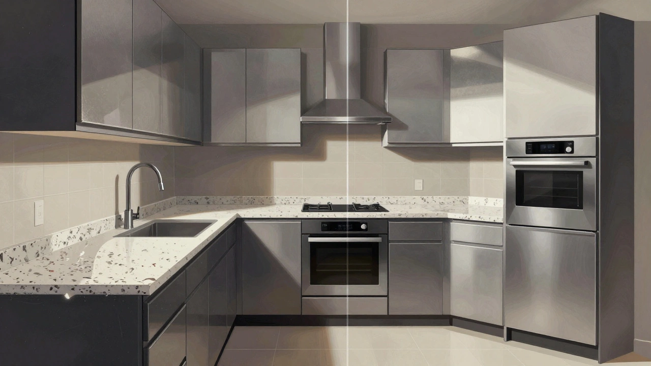 Porovnání levné a drahé kuchyňské linky s rozdílnými materiály a stavem.