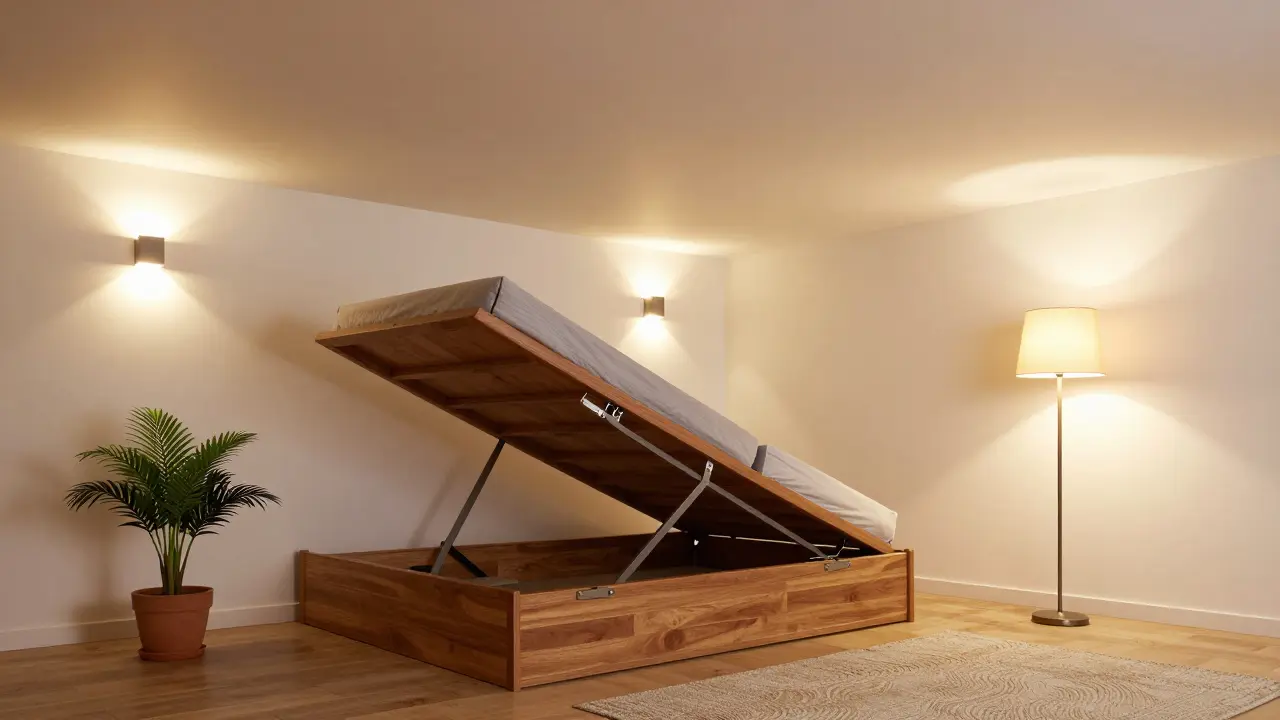 Postel zvednutá do stropu, odhalující čistý obývací prostor s teplým osvětlením.