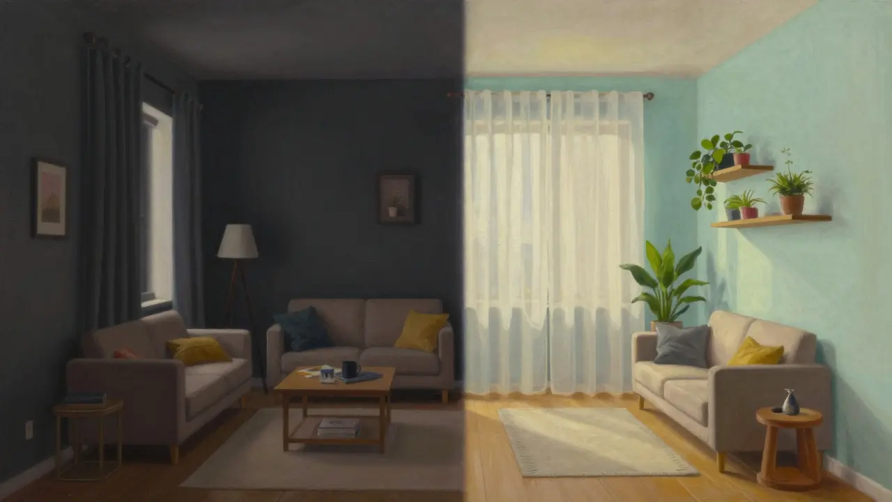 Před a po: tmavý malý obývák vs. světlý prostorný interiér vytvořený barvou.