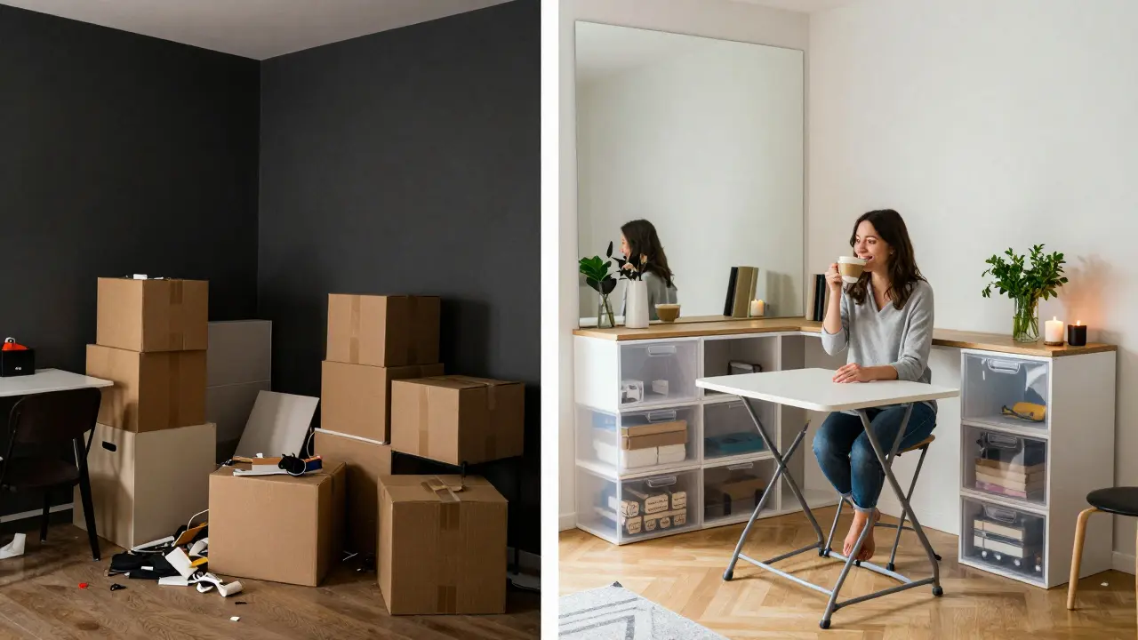 Před a po: zmatený prostor vs. čistě uspořádaný byt s průhlednými skříněmi a víceúčelovým nábytkem.