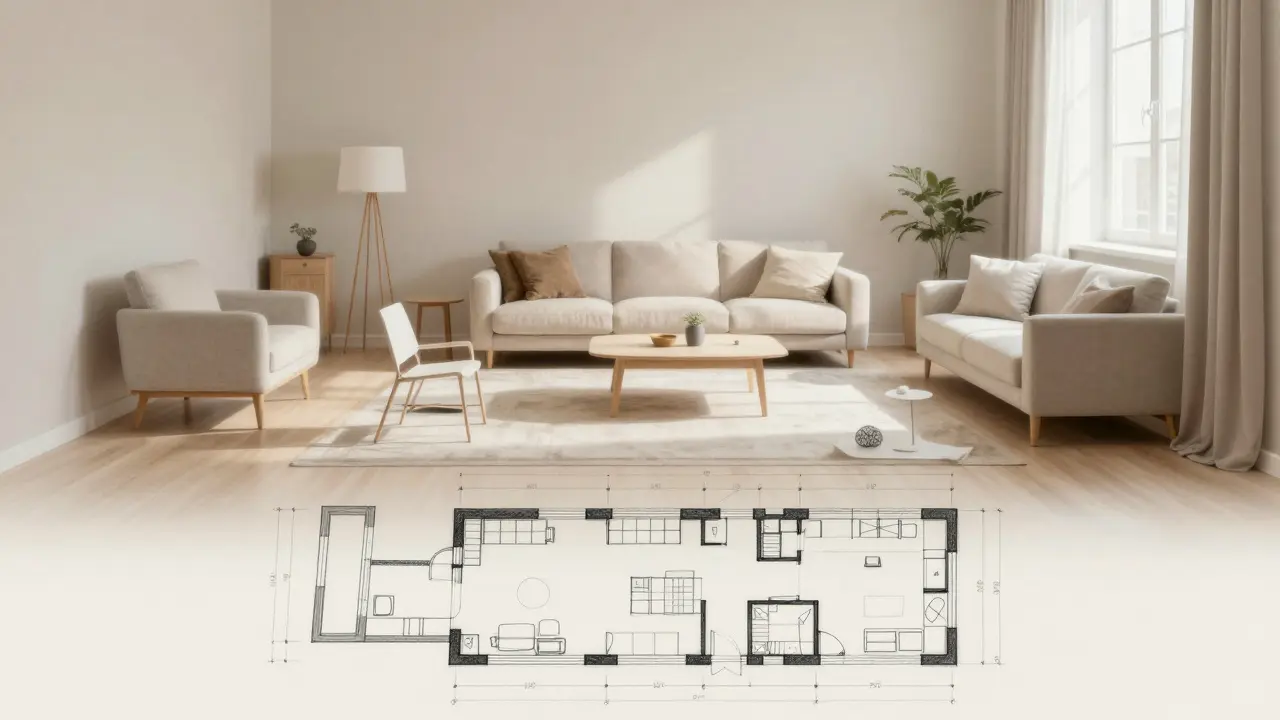 Přehledový obraz: plán pokoje v čárách přechází v reálný interiér s nábytkem a světlem.