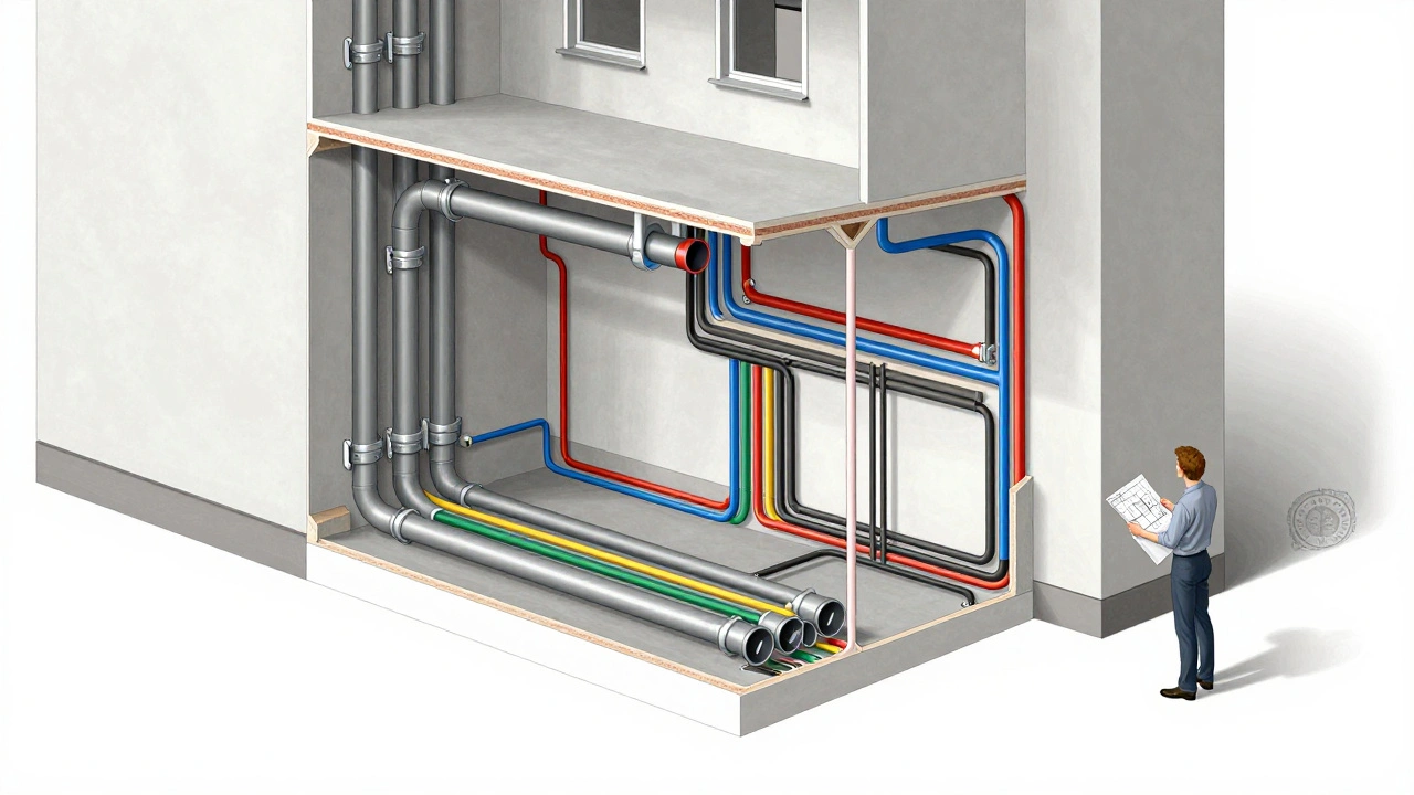 Příčný řez paneláku s barevně označenými potrubími a kabely