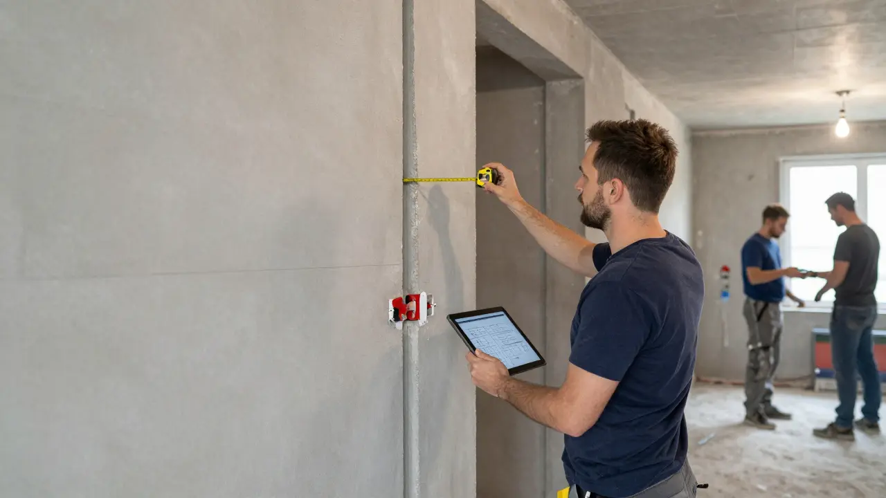 Projektant bytu odstraňuje stěnu v panelovém bytě s technickými výpočty na tabletu.