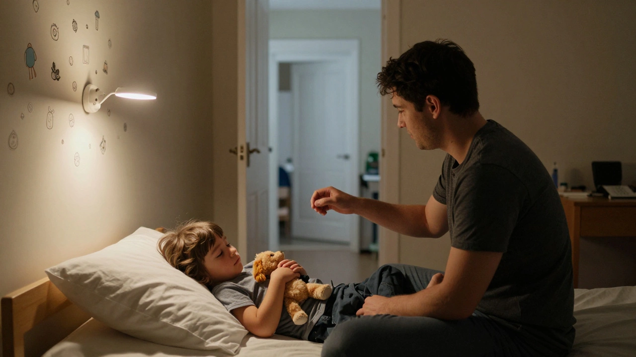 Rodič hladí dítě v posteli, dveře jsou otevřené, v pokoji je jemné osvětlení.