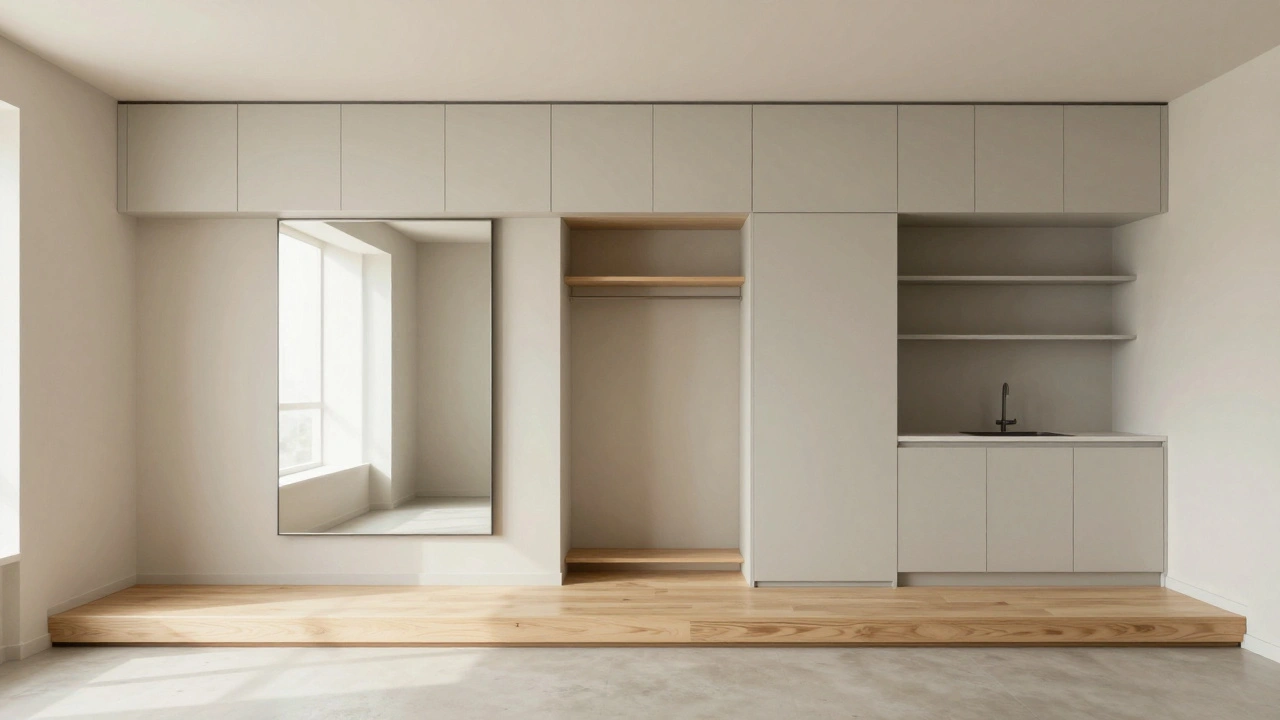 Rozdělení prostoru v 1 KK bytě pomocí zvýšené podlahy, skříní až ke stropu a jednoho velkého zrcadla.