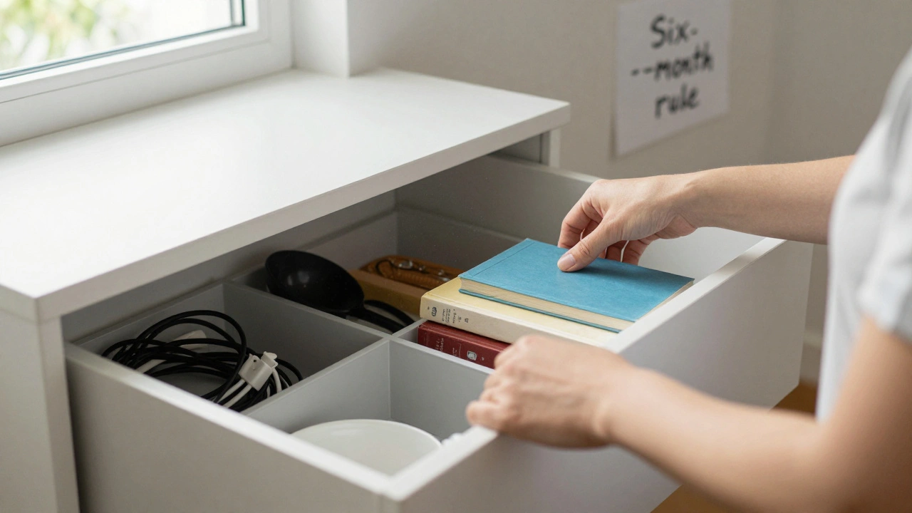 Ruce organizují šuplík, odstraňují nepotřebné věci do krabice na darování.