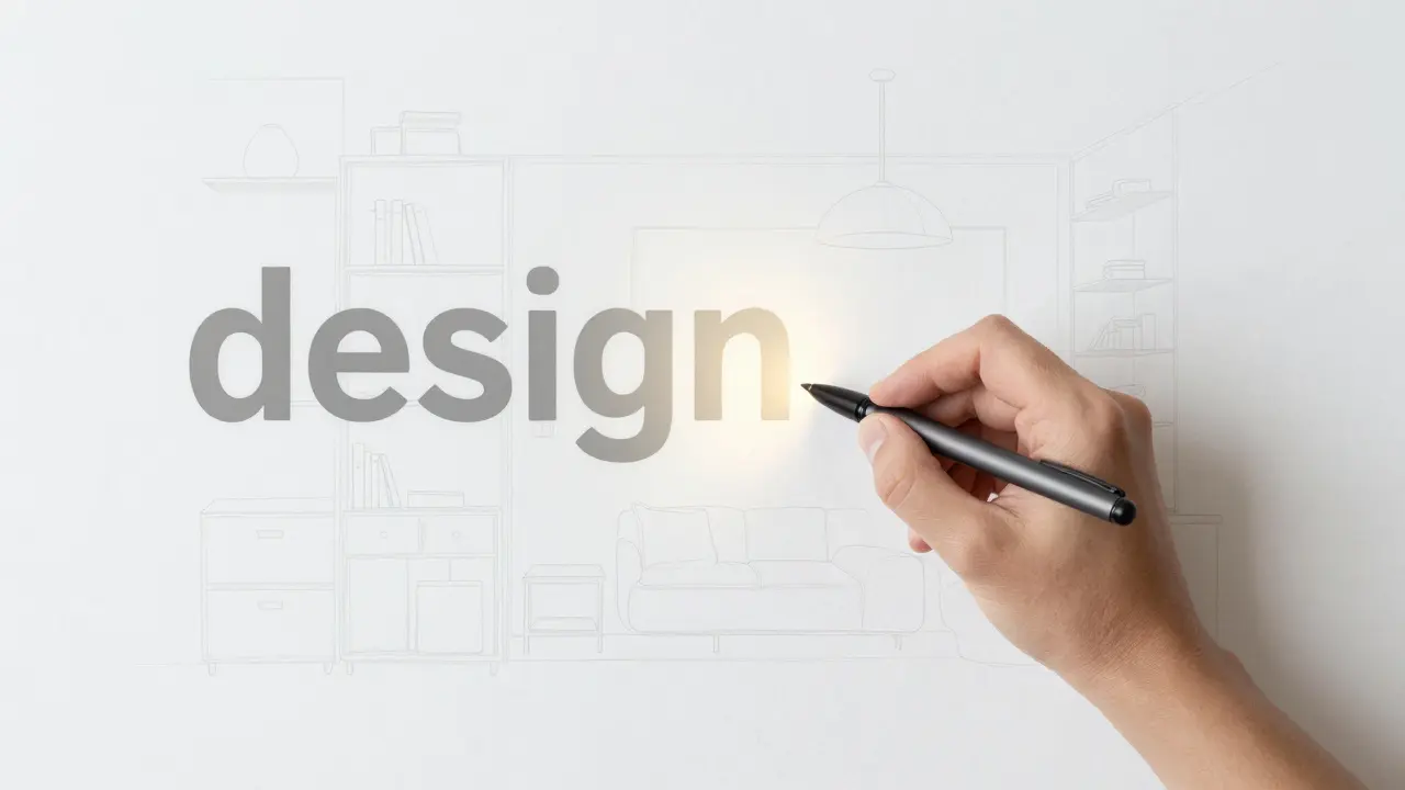 Ruka píše slovo 'design' na zdi, za ním se objevuje obrys moderního bytu.